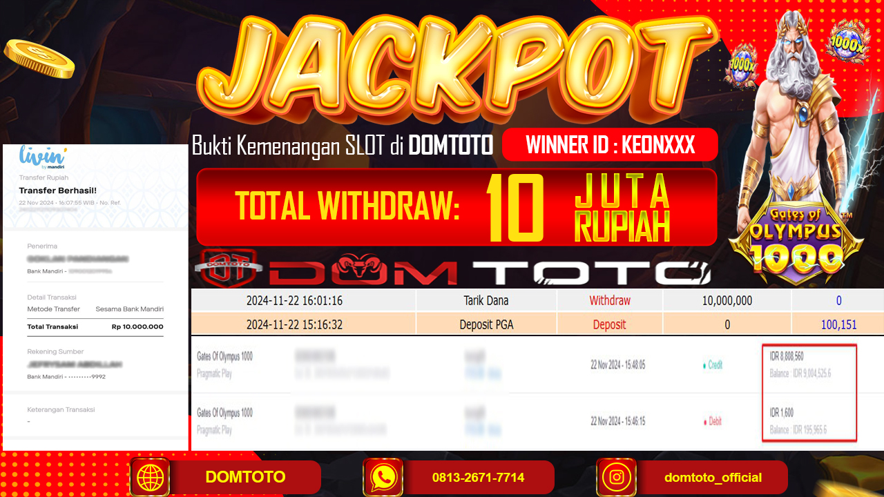 JACKPOT  SLOT GATE OF OLYMPUS 1000 22 NOVEMBER 2024